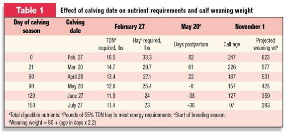 Effect of calving date on nutrient requirements and calf weaning weight