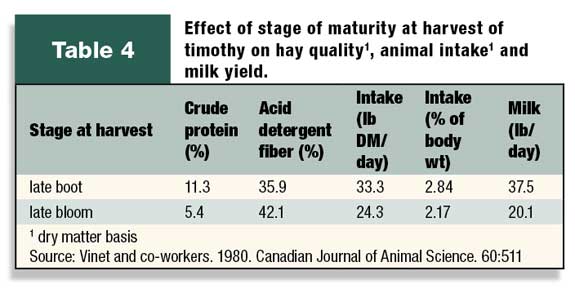 Effect of maturity of Timothy on hay quality, animal intake, & milk yield