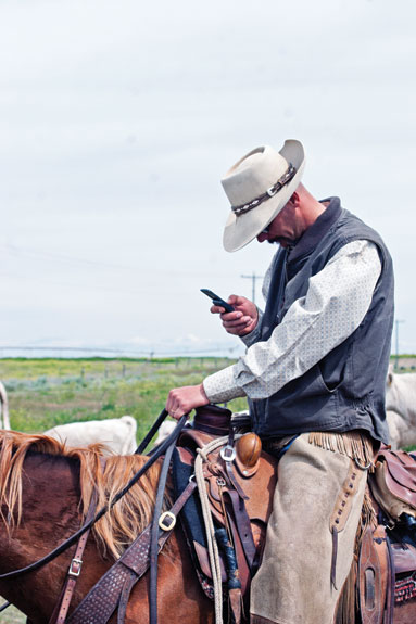 farmer checks his cellphone