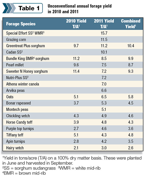 Unconventional annual forage yield in 2010/2011