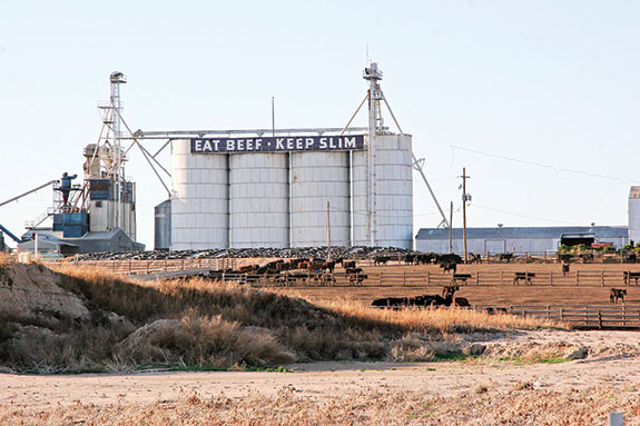 A feedyard in Garden City, Kansas promotes the healthy appeal of beef from its storage silos.
