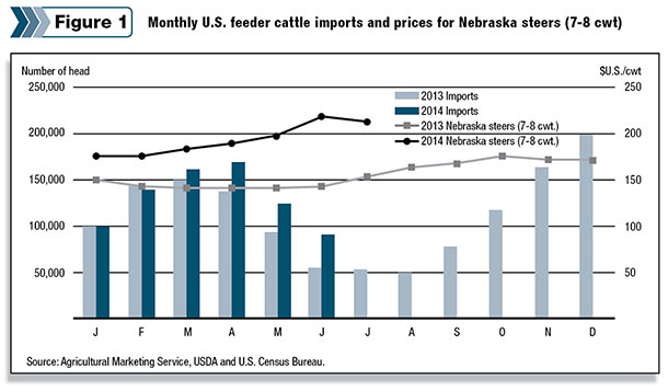 Monthly US feeder cattle imports and prices for Nebraska