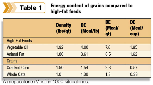 Energy content of grains compared to high-fat feeds