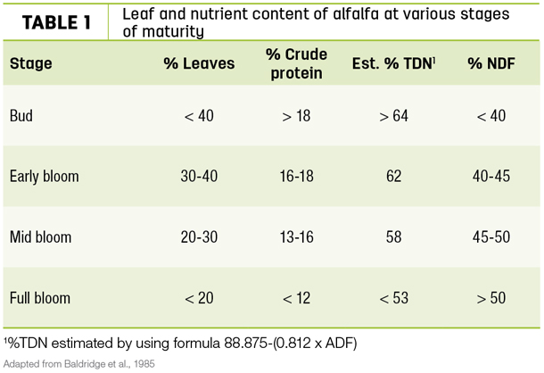 Leaf and nutrient content of alfalfa at various stages of maturity