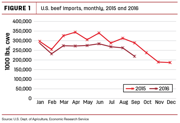 U.S. beef imports, monthly, 2015 and 2016