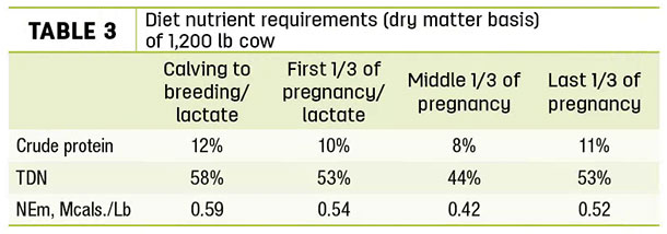 diet nutrient requirements (dry matter basis) of 1,200 lb cow