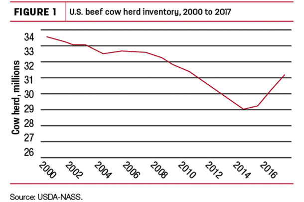 U.S. beef cow herd inventory, 2000 to 2017