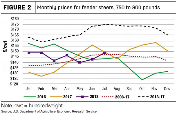 Monthly prices for feeder steers, 750 to 800 pounds