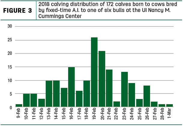 2018 calving distribution of 172 calves born to cows bred by fixed-time A.I.
