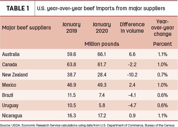 U.S. year-over-year beef imports from major suppliers
