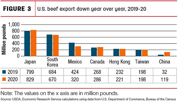 U.S. beef export trends over year, 2019-20