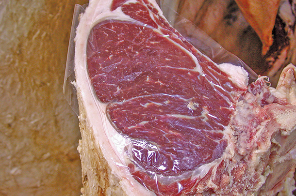 A beef ribeye from a dark, firm and dry beef carcass