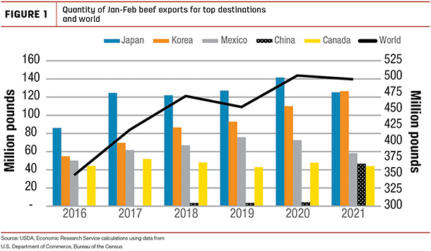 Quantity of Jan-Feb beef exports for top destinations and world